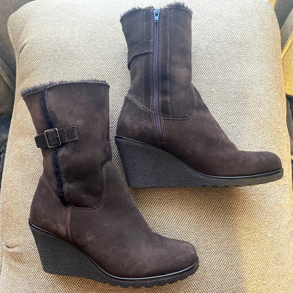 La Canadienne Brown Suede Waterproof Platform Heel Winter Fur Lined Boot. Sz. 9M - Picture 4 of 13